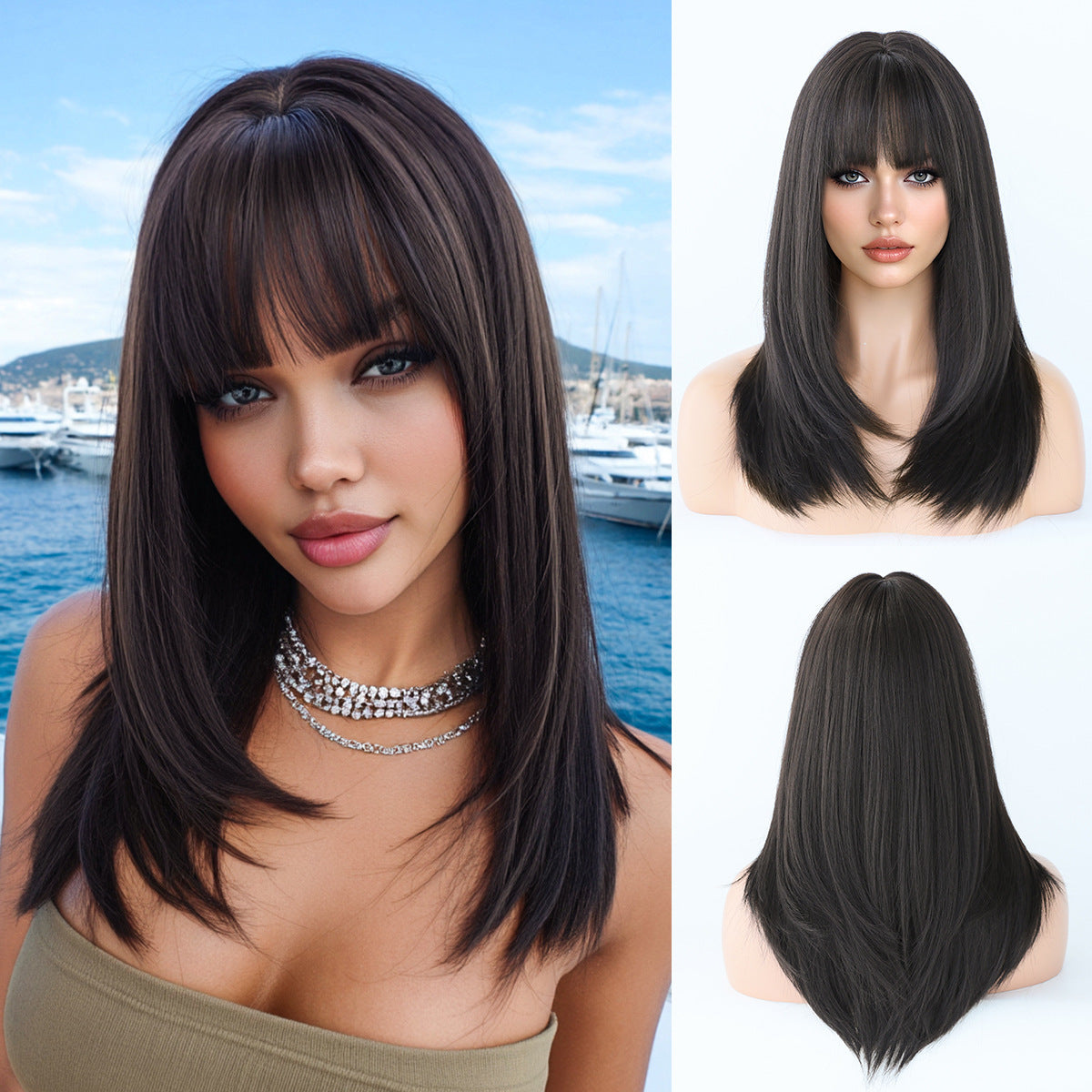 Quality Female Natural Black Layered Bangs Long Straight Wig