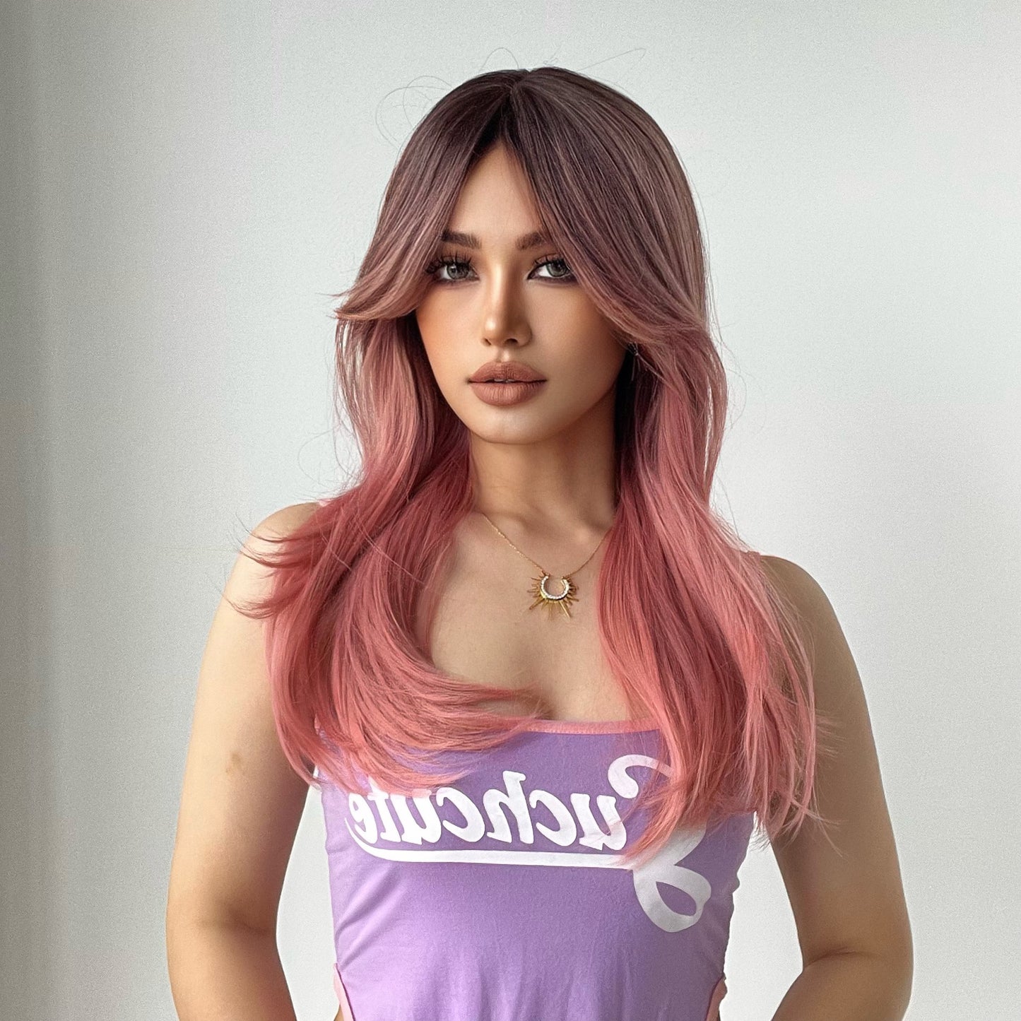 Style Bangs Gradient Pink Mid-length Hair Head Long Straight Wig