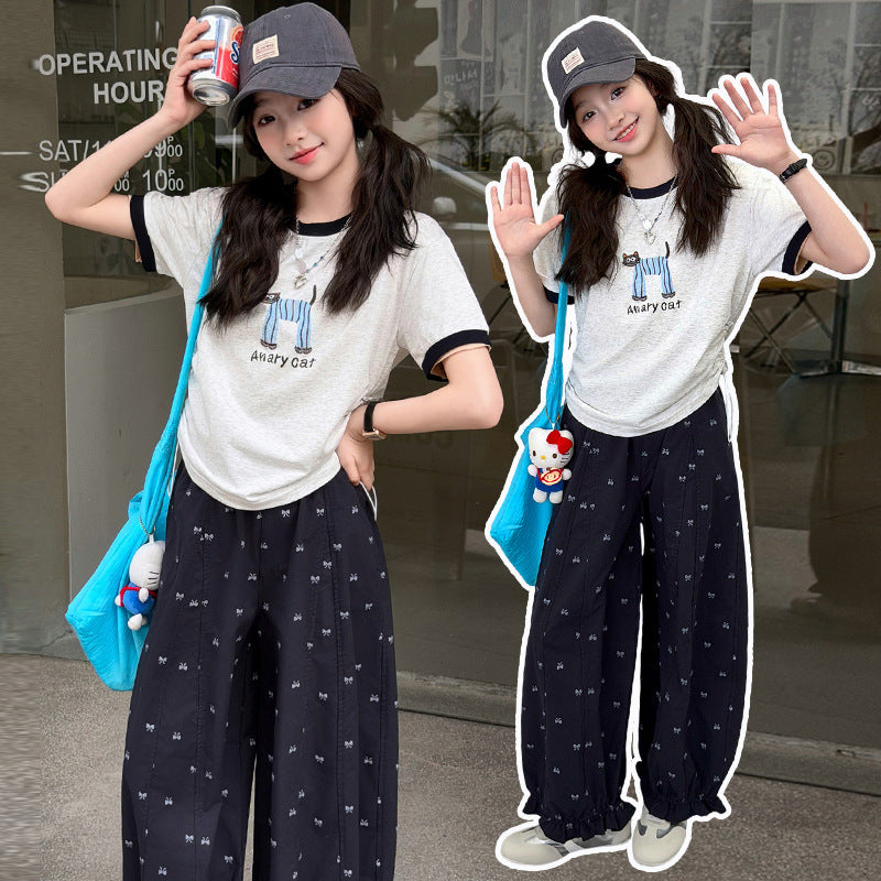 Children's Short-sleeved T-shirt Medium Big Thin Mosquito Repelling Pants Two Children's Suit