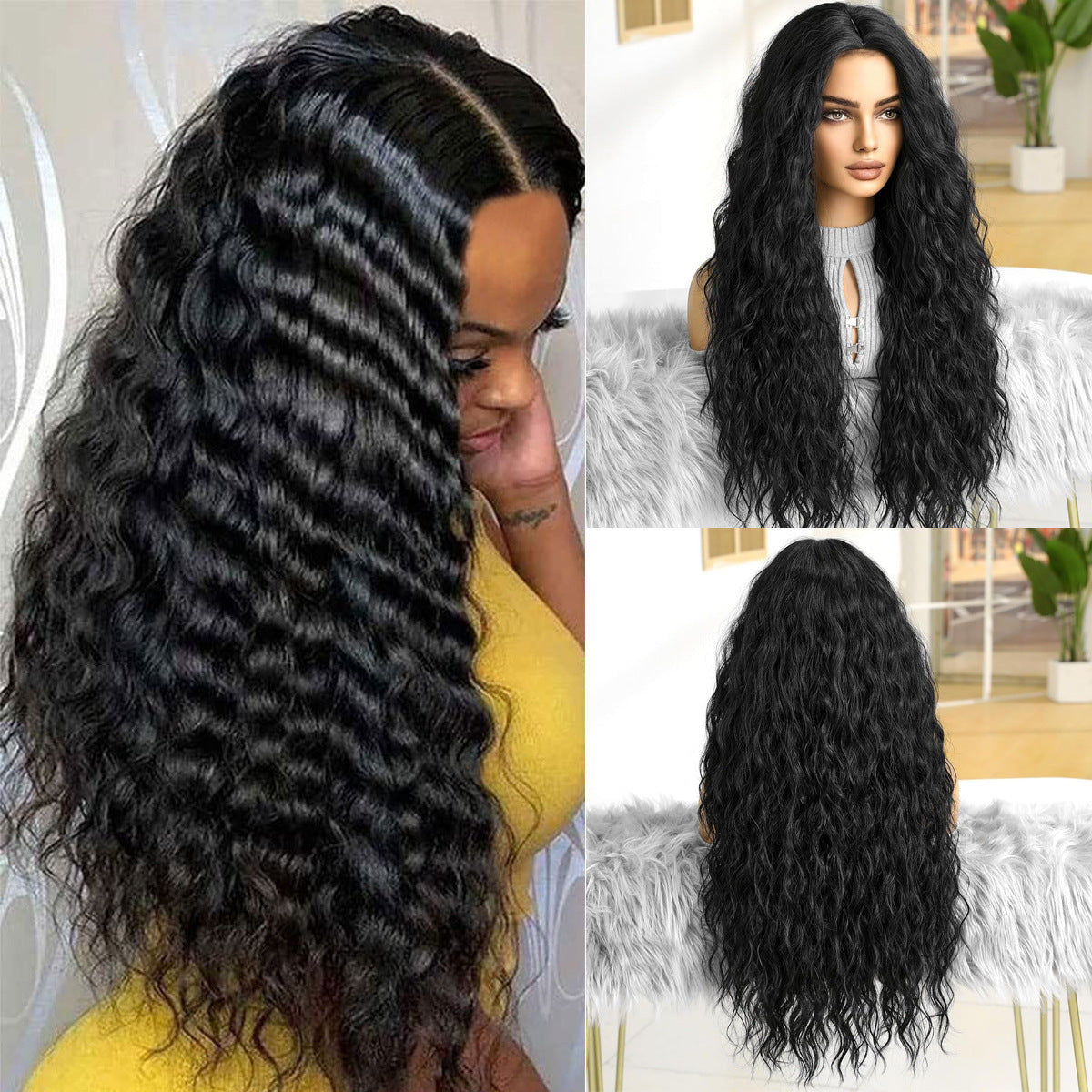 Women's For Small Black Curly Hair Fluffy Natural Seamless Replace Real Wig Long Curls