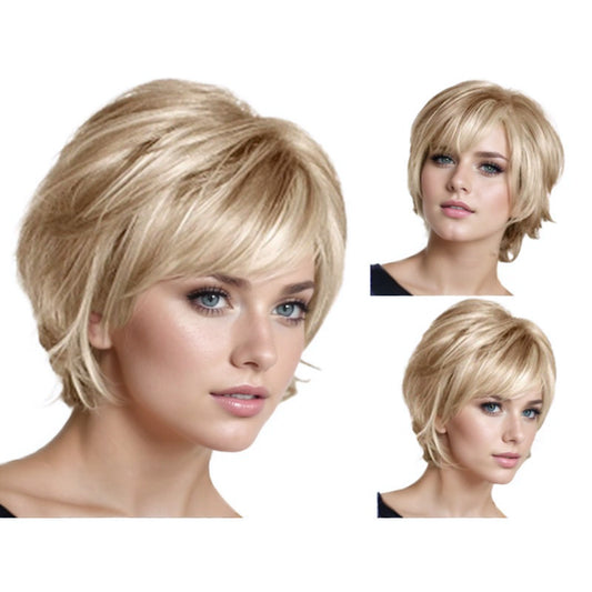 Women's Fluffy Side Bangs Gold White Fiber One Wig Short Straight Hair