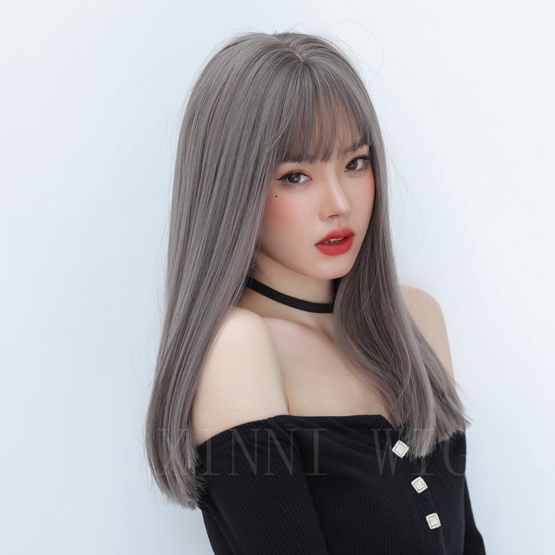 Pink Flax Hair Temperament Medium Length Sheath Long Straight Wig
