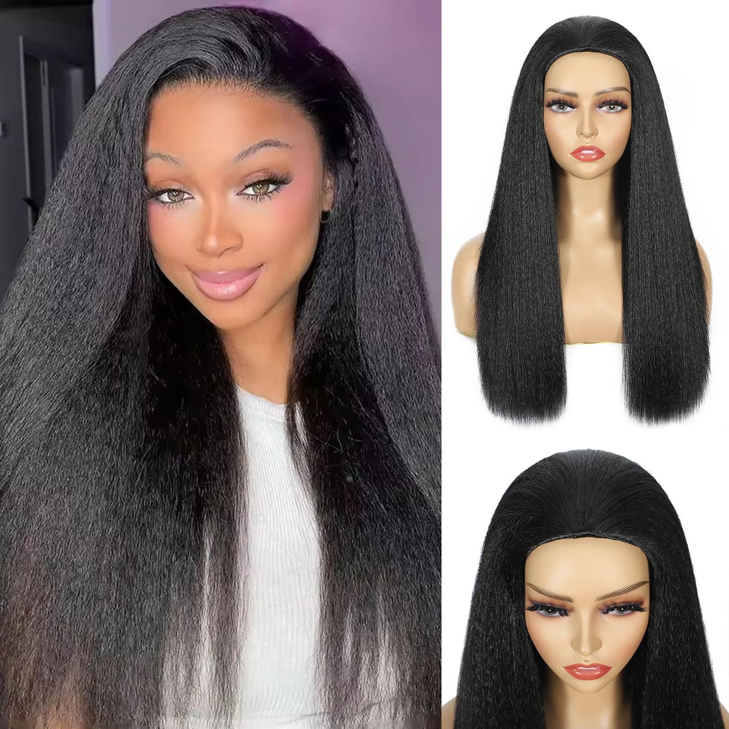 Women's Black Hair Three-in-one Synthetic Wigs Long Straight Wig