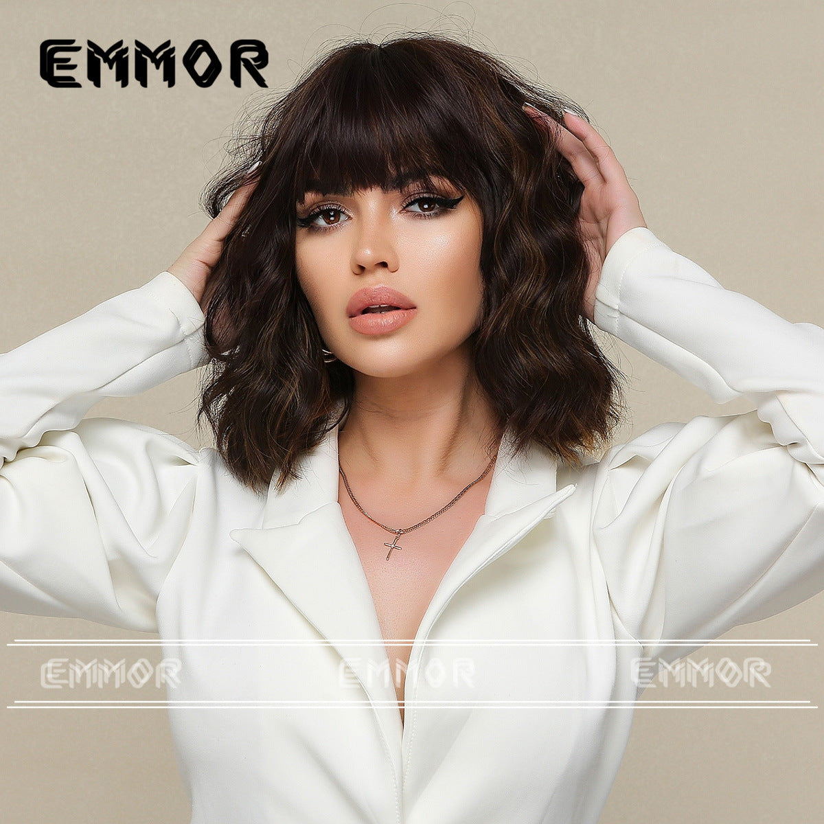 Female Straight Bangs Black Brown Shoulder Wig Short Curly Hair