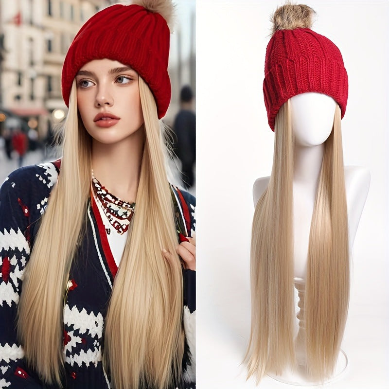 Hat Integrated Black Knitted Beret Golden Long Straight Hair Chemical Other Wig