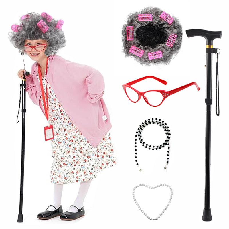 Props Watch Show Old Lady Grandma Flower White Curly Head Real Hair Wig