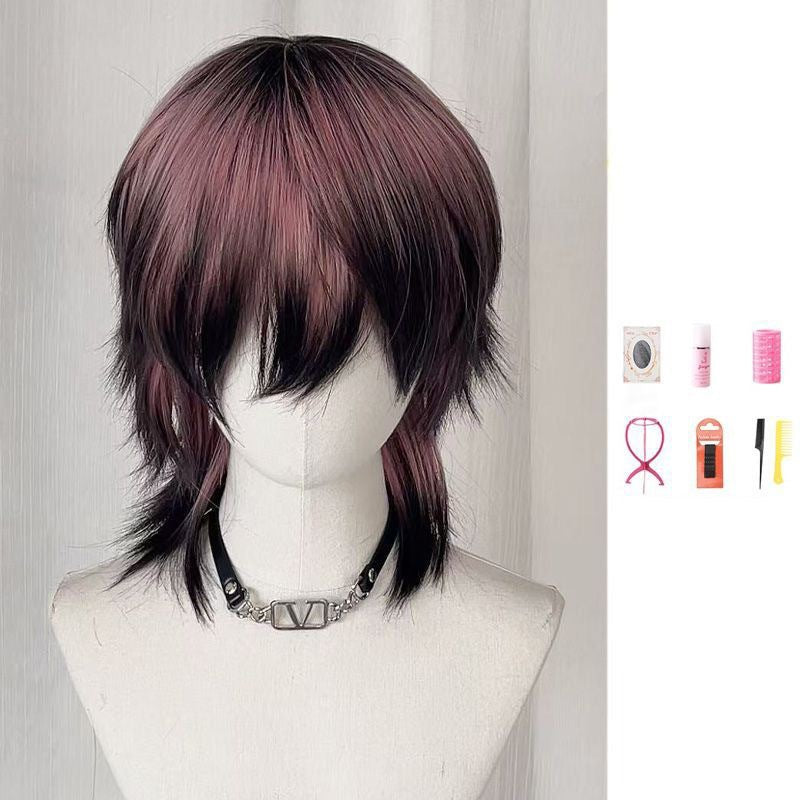 Siam Wolf Tail Pink Gradient Artificial Anchovy Head Subculture Wig Short Straight Hair