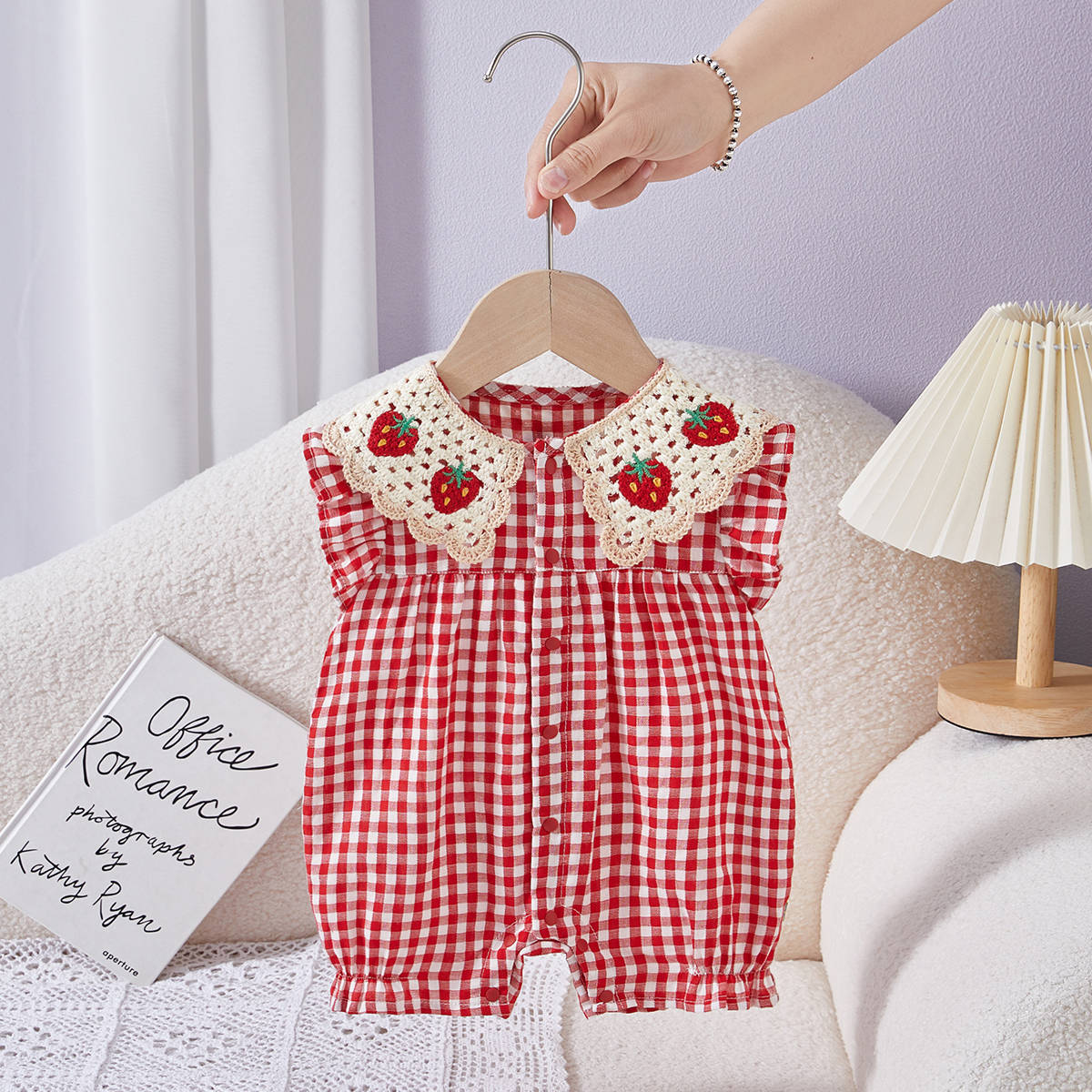Summer Thin Short Sleeve Rompers Front Open Strawberry Plaid Jumpsuit Jumpsuit, Climbing Suit