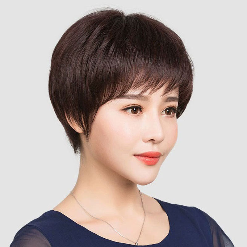 Women's Short Cover Straight Natural Mother Head Real Hair Wig