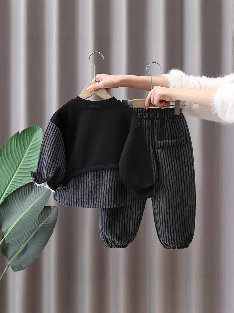 Children's Boys Spring Clothing Western Style Striped Fake Two Pieces Sweater Children's Suit