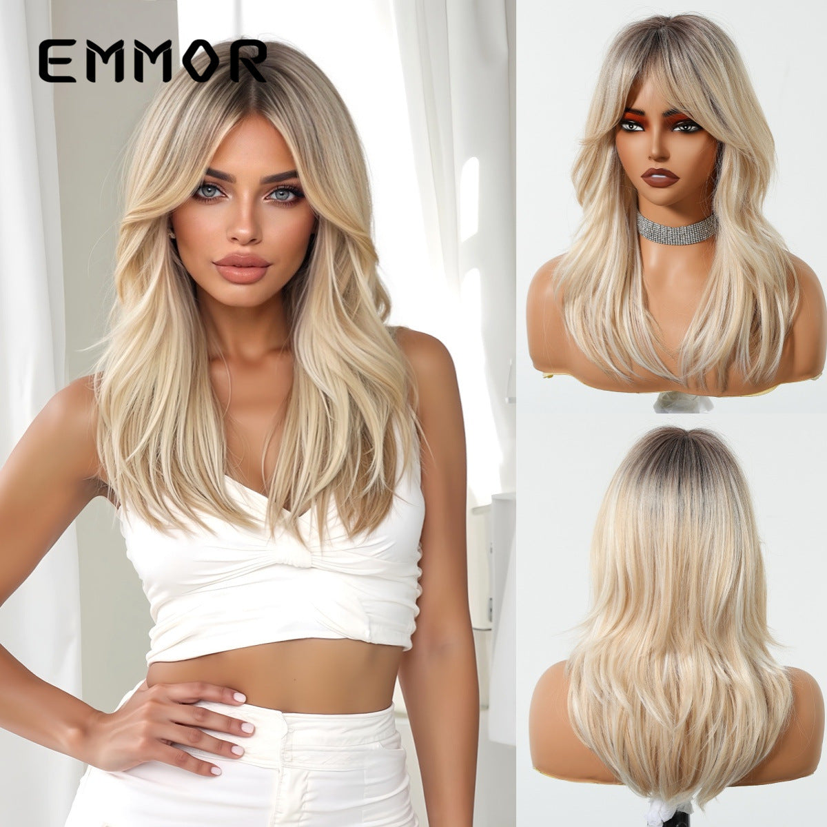 Gradient Golden Bangs Hair Fashion Full Wig Long Curls