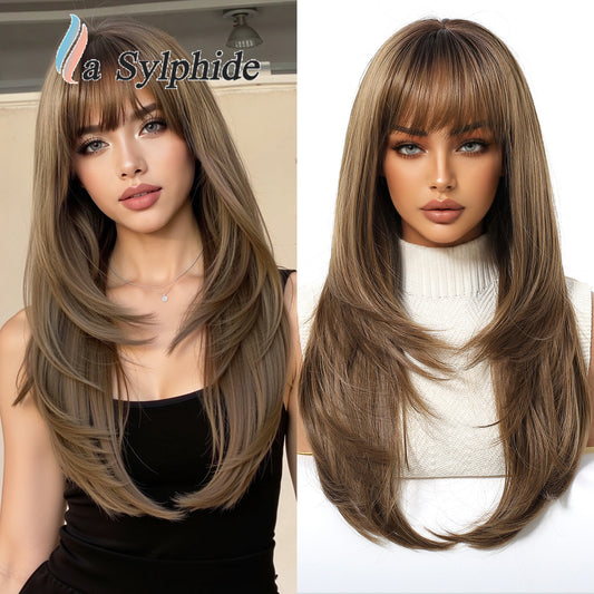 Bangs Summer Level Red Hair Rose Net Long Straight Wig