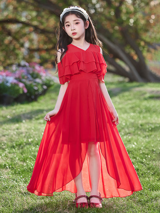 Children's Middle Big Chiffon Summer Front Short Back Long Children's Dress
