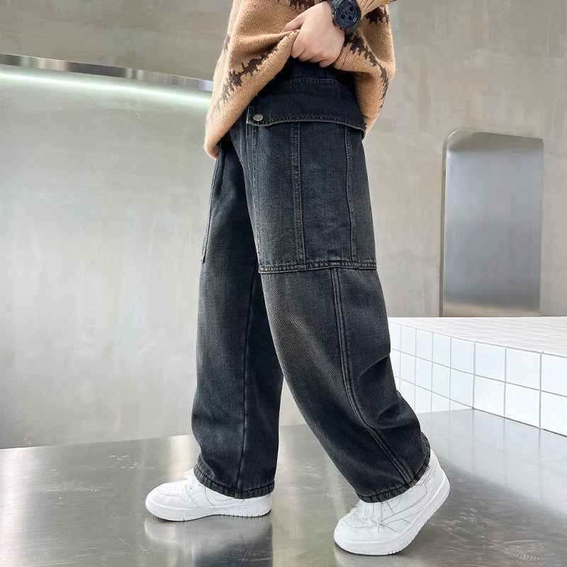 Children's Clothing Straight Jeans Overalls Medium Big Autumn Pu Children's Pants