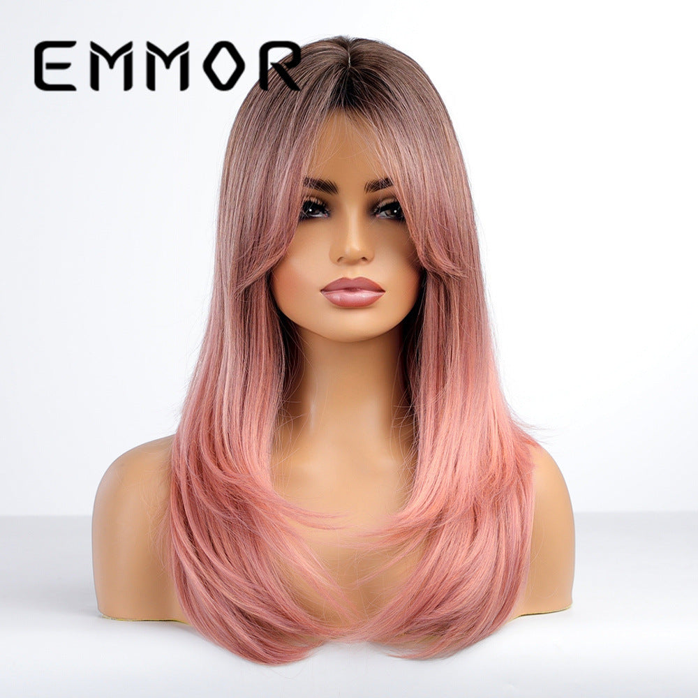 Style Bangs Gradient Pink Mid-length Hair Head Long Straight Wig