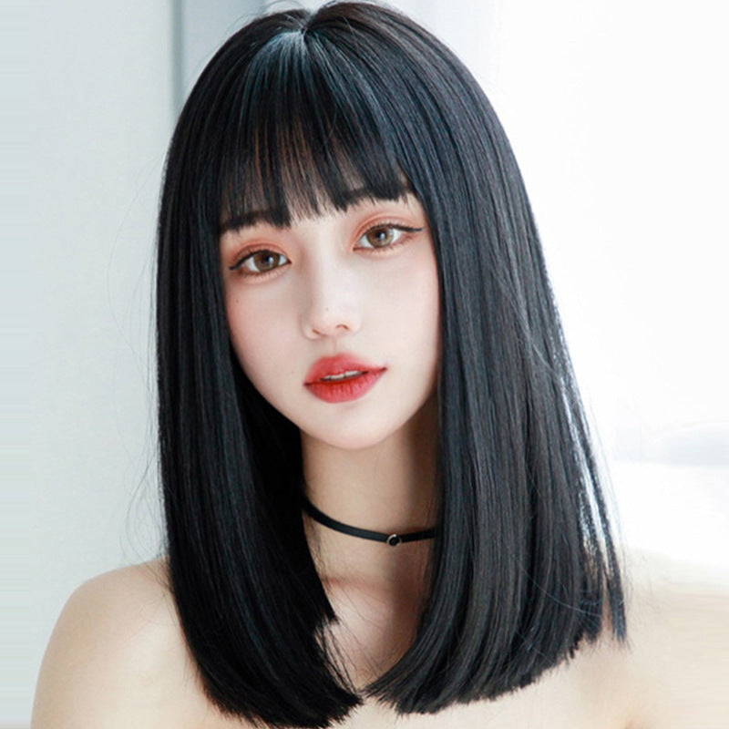 Women's Cartoon Bangs Natural Realistic Black Long Wig Short Straight Hair