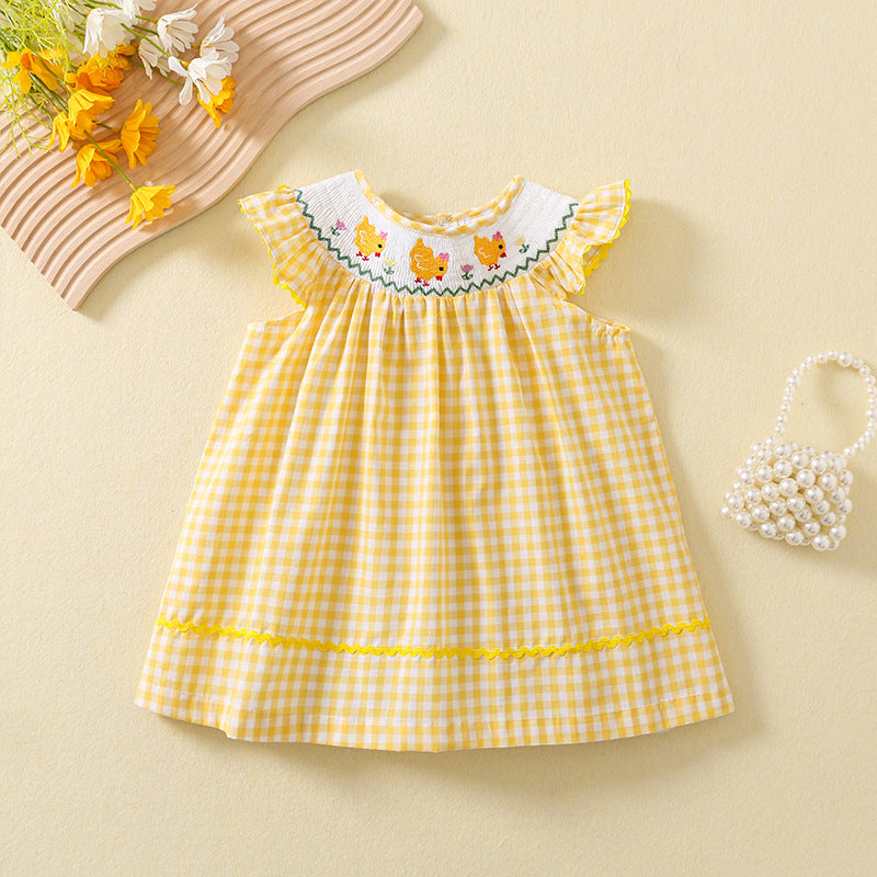 Flounced Sleeve Tartan Skirt Smocking Chick Embroidered Children's Dress