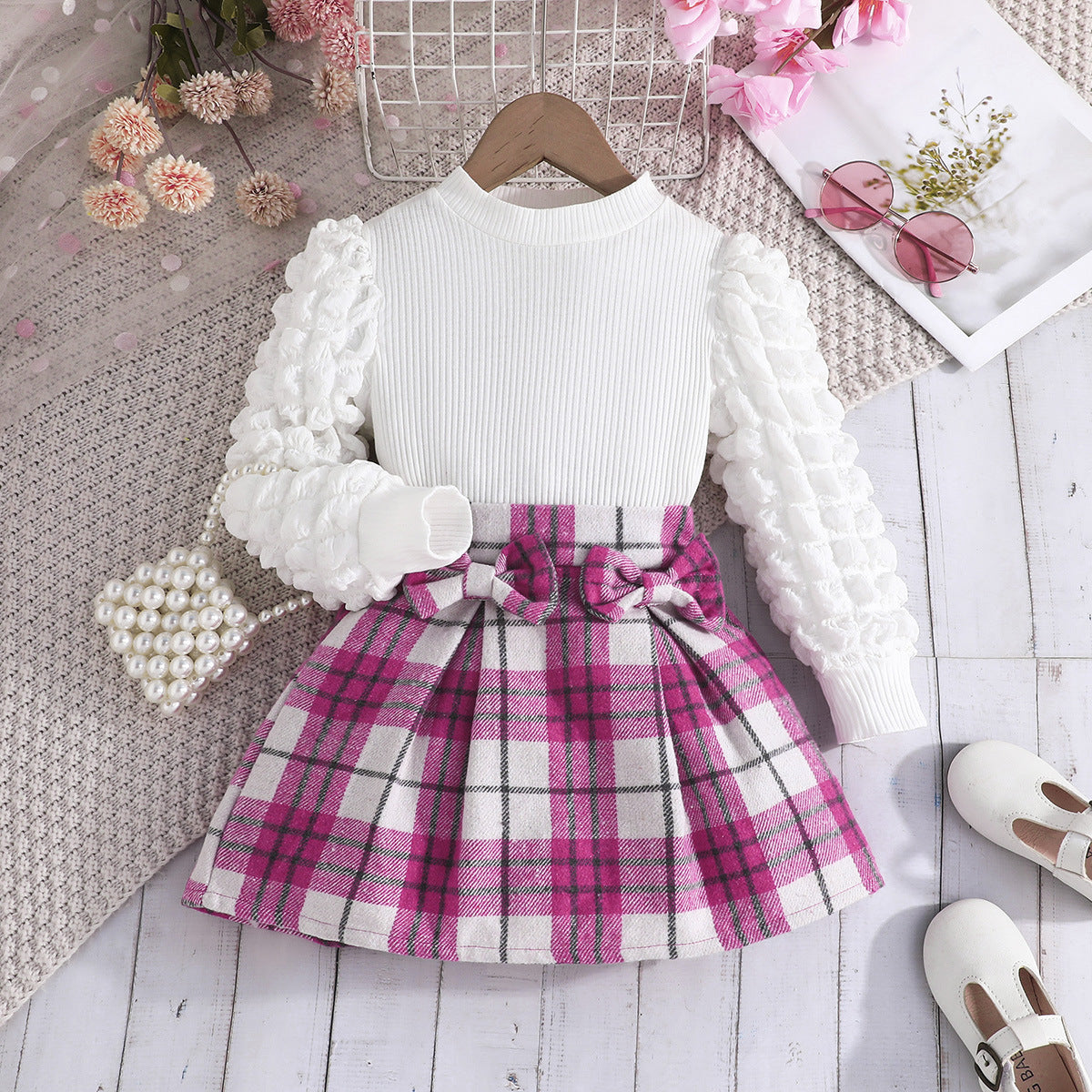 Puff Sleeve Top Plaid Skirt Fashion Children's Suit