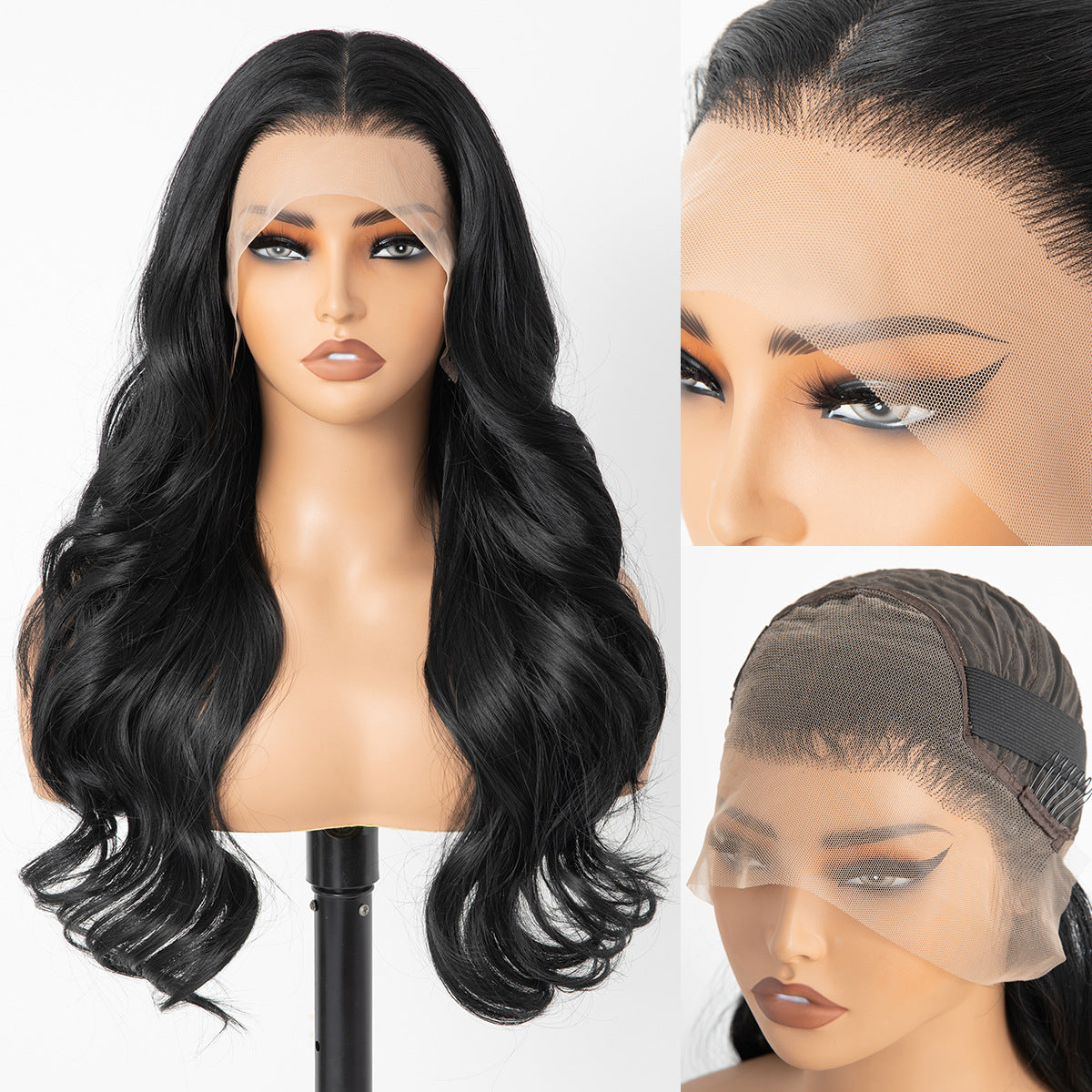 Lace Head Cover Black Hand-woven Curly Long Straight Wig