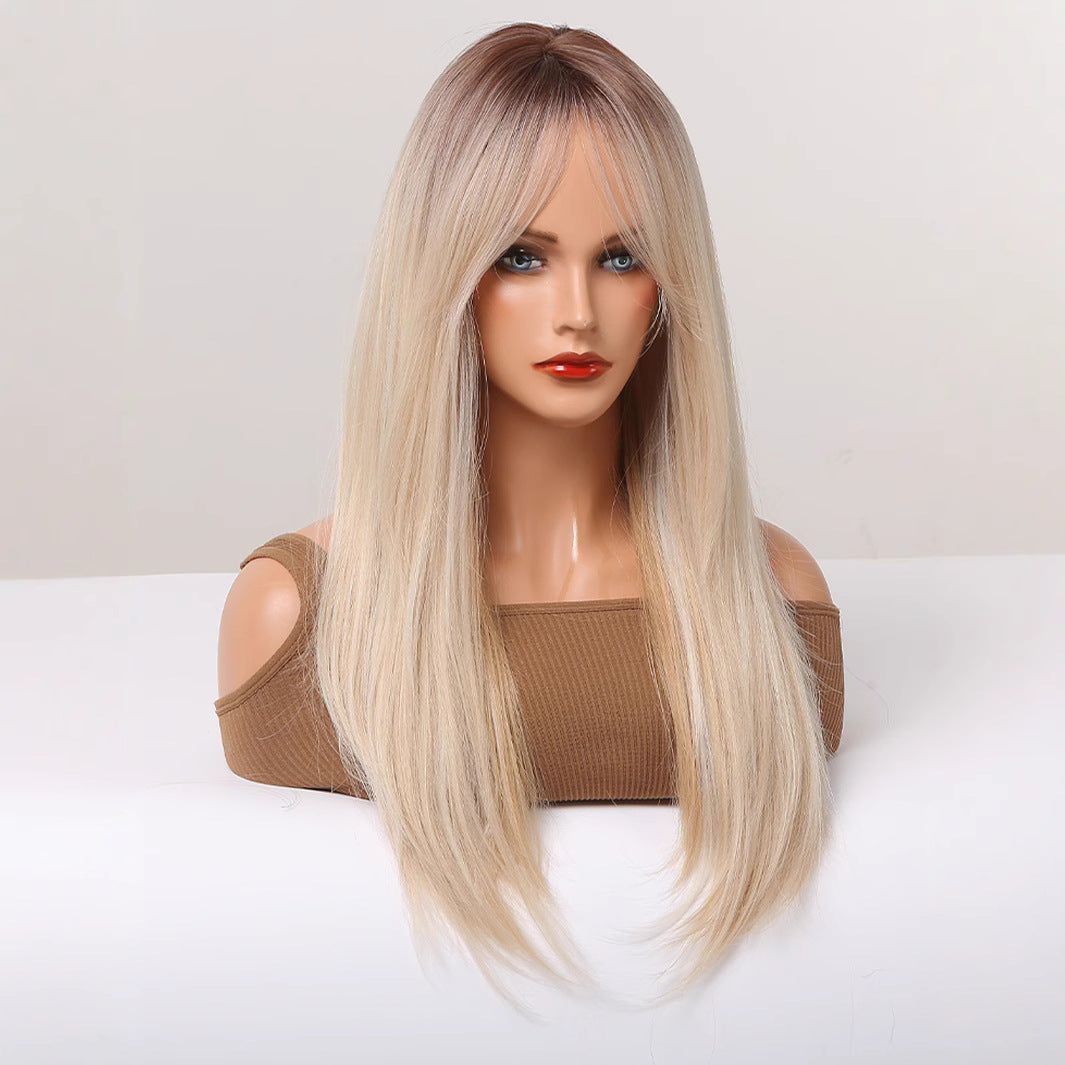 White Gold Color Bangs Hair Natural Realistic Long Straight Wig