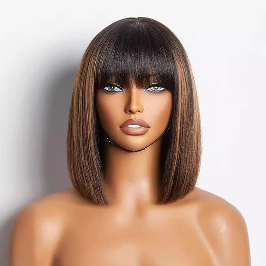 Women's Chemical Fiber Fringe Chestnut Brown Wave Head Wig Short Straight Hair