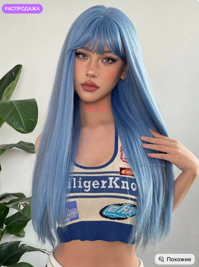 Women's Fashion Gray White Mixed Color Short Curly Hair Side Bangs Long Straight Wig