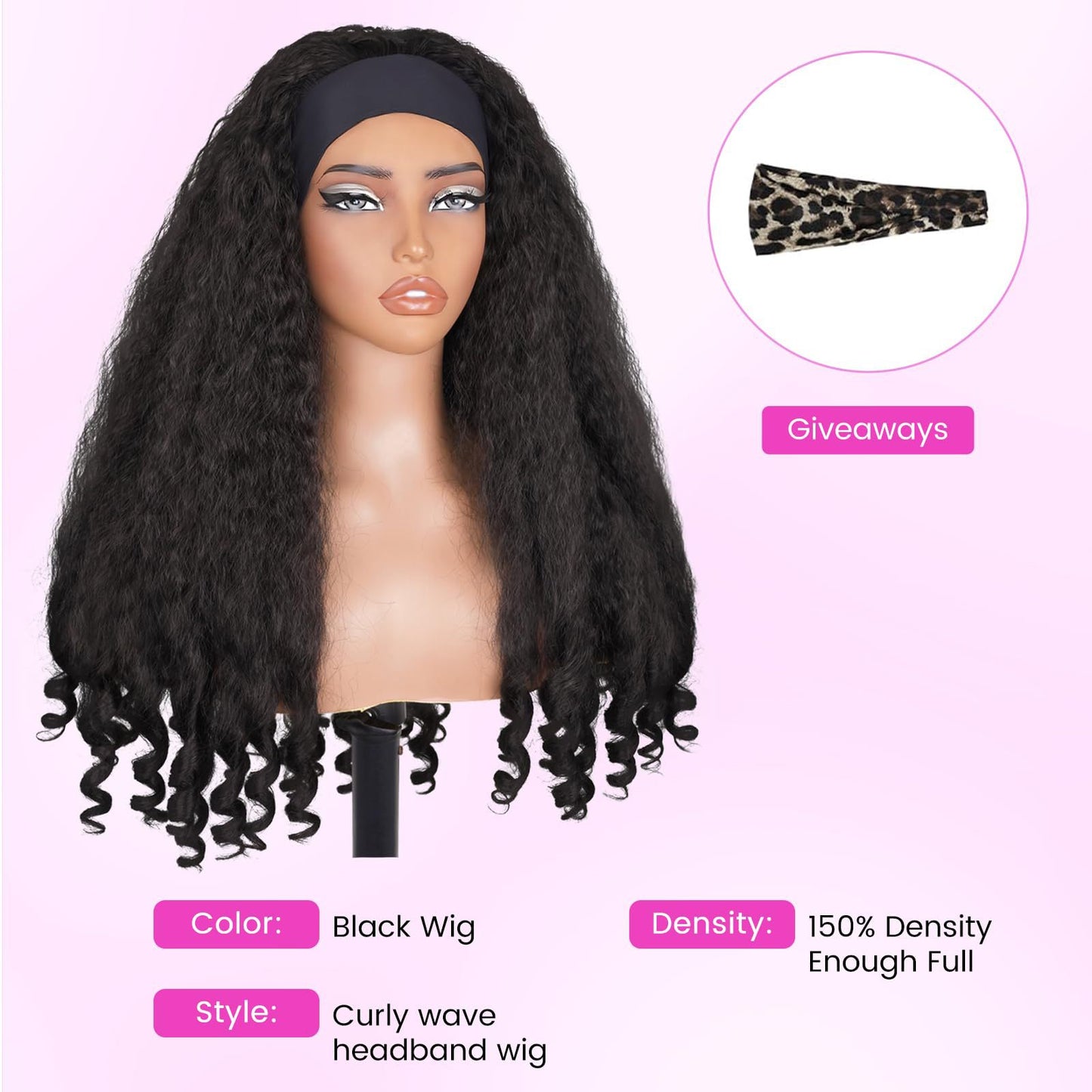 Women's Turban Curly African Black Ice Ribbon Synthetic Wig Long Curls