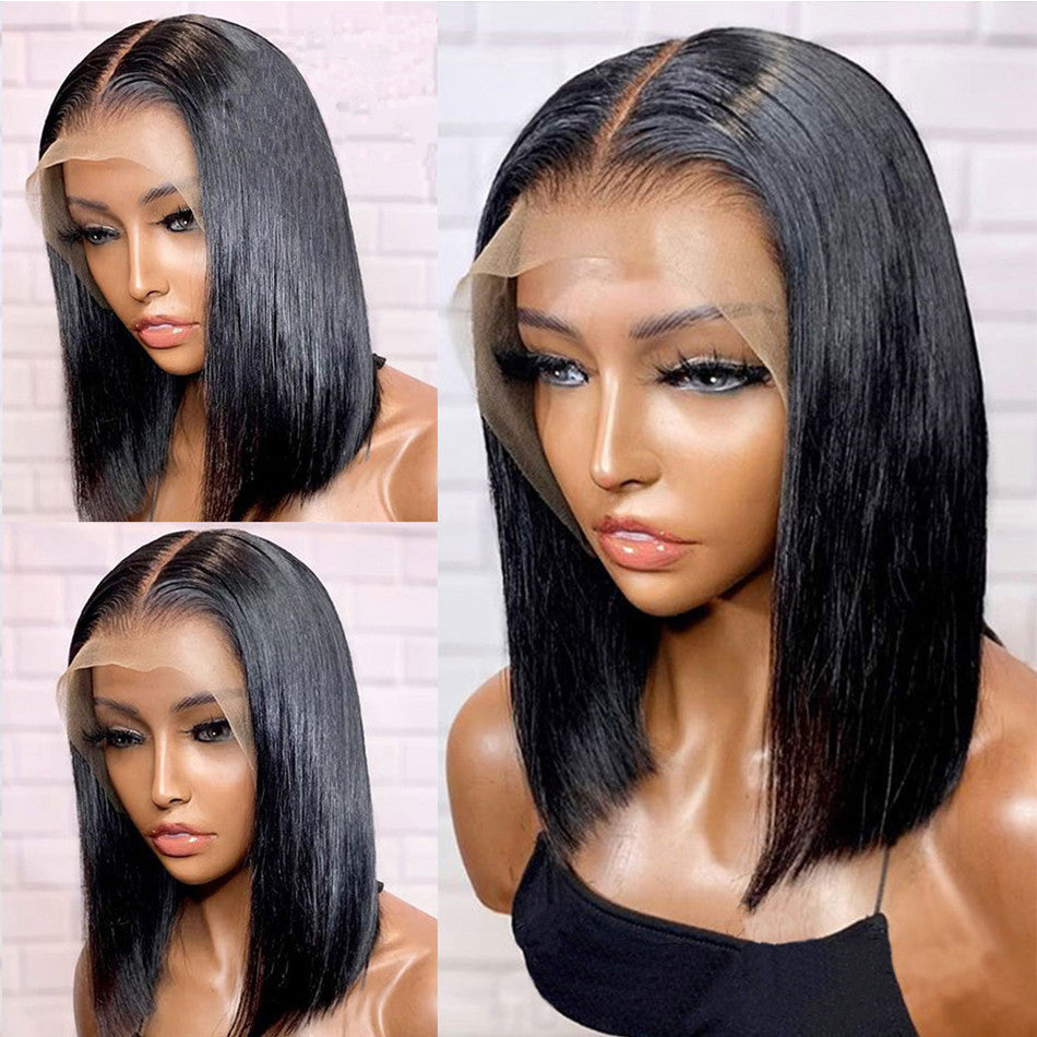 Women's Black Fiber Chemical Former Lace Head Cap Overseas Wig Short Straight Hair