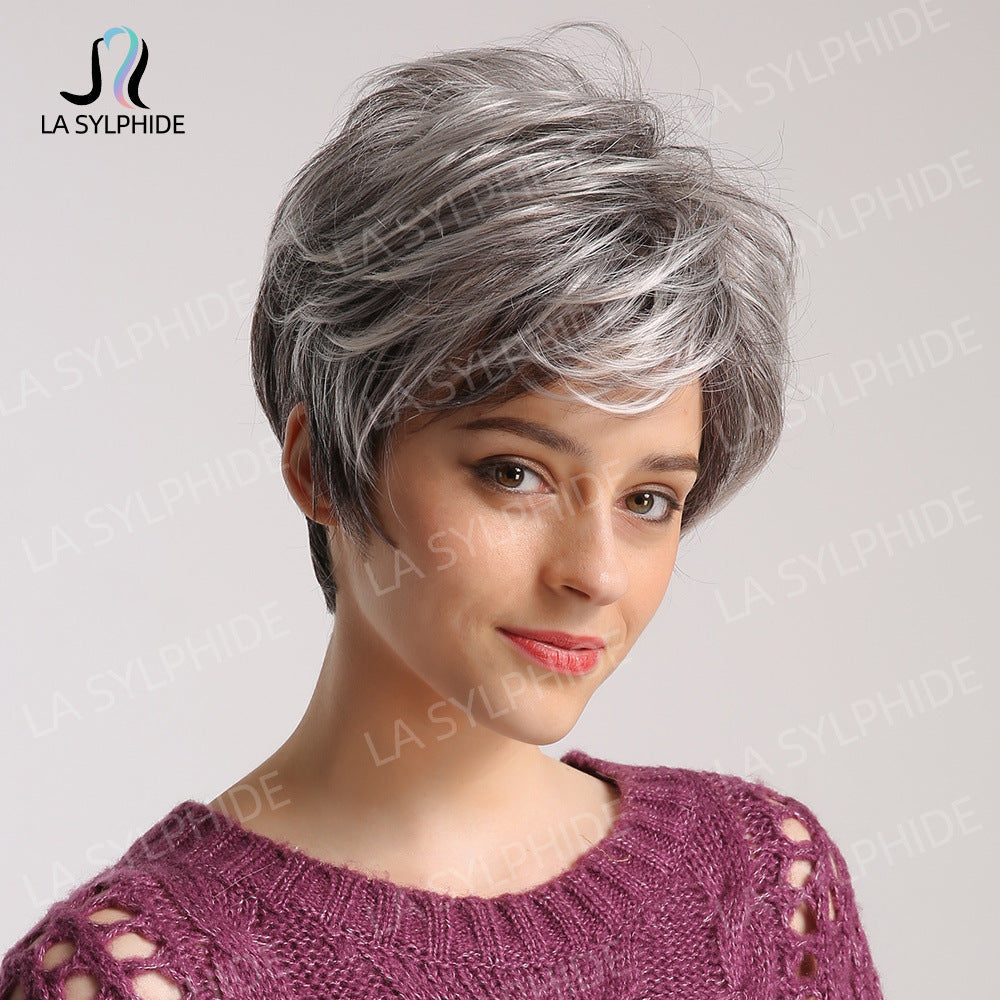 Chemical Fiber Texture Gray White Rose Net Man Wig Short Straight Hair