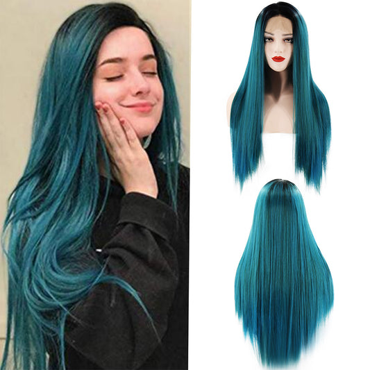 Women's Front Lace Gradient Mid-length Hair Headgear Long Straight Wig