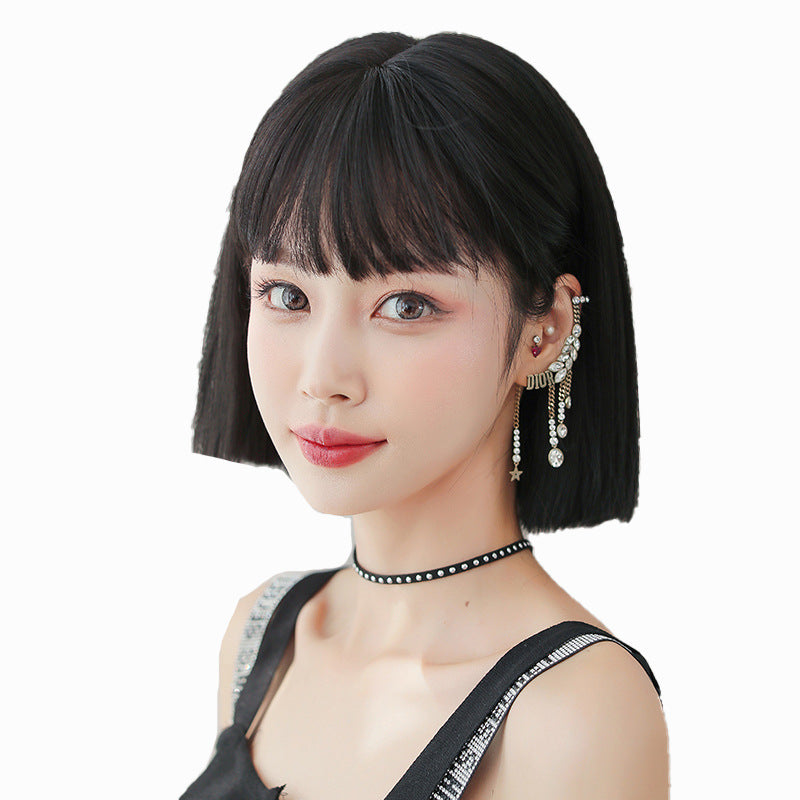 Women's Round Face Sheath Full Top Wig Short Straight Hair