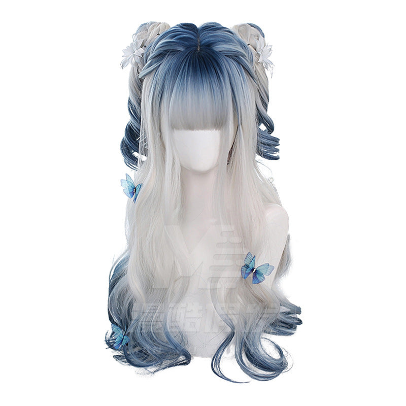 Daily Lolita Simulation Scalp Soft Highlight Gradient Blue Sier Curly Wig Long Curls
