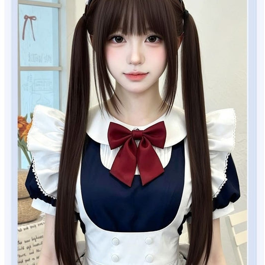 High Tie Double Horse Tail Hair Little Rose Ponytail Long Straight Wig