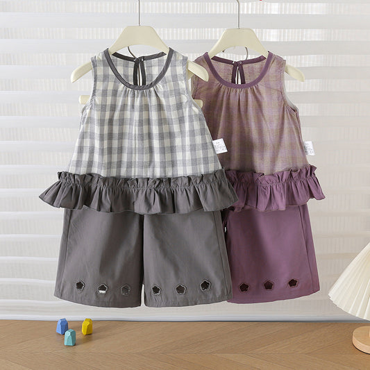 Women's Summer Plaid Leisure Forest Style Trendy Lace Wide Shoulder Set Children's Suit