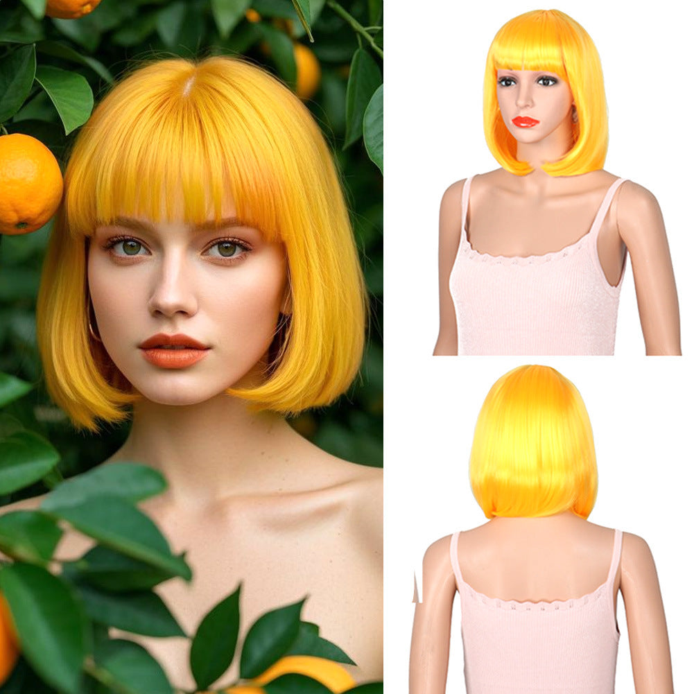 Women's Fashion Long Black Head Cover With Wig Short Straight Hair