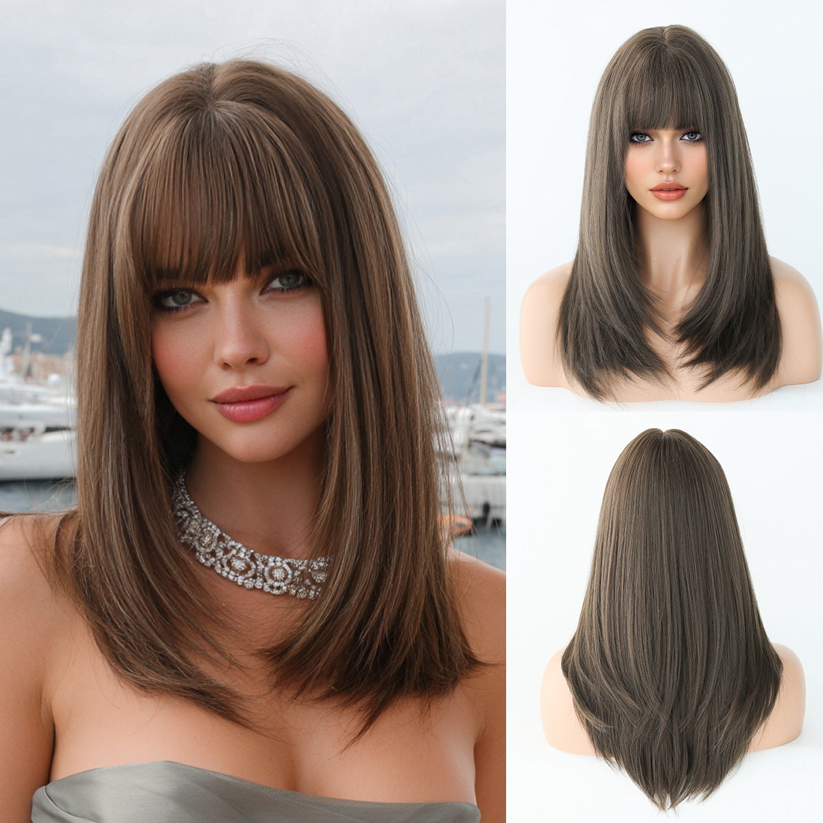 Quality Female Natural Black Layered Bangs Long Straight Wig