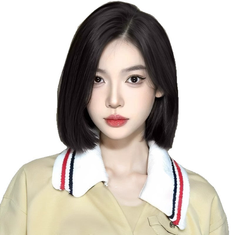 Women's Cut Mid-length Natural Summer Thin Bangs Wig Short Straight Hair