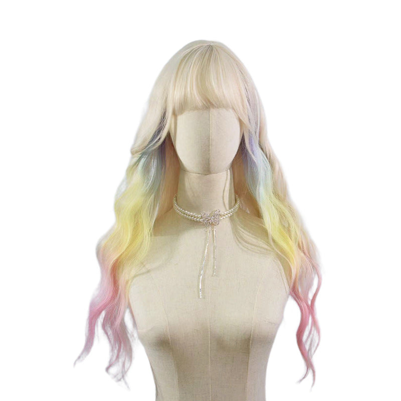 Women's Rainbow White Pony Hair Cover Curly Artificial Human Dyed Temperament Wig Long Curls