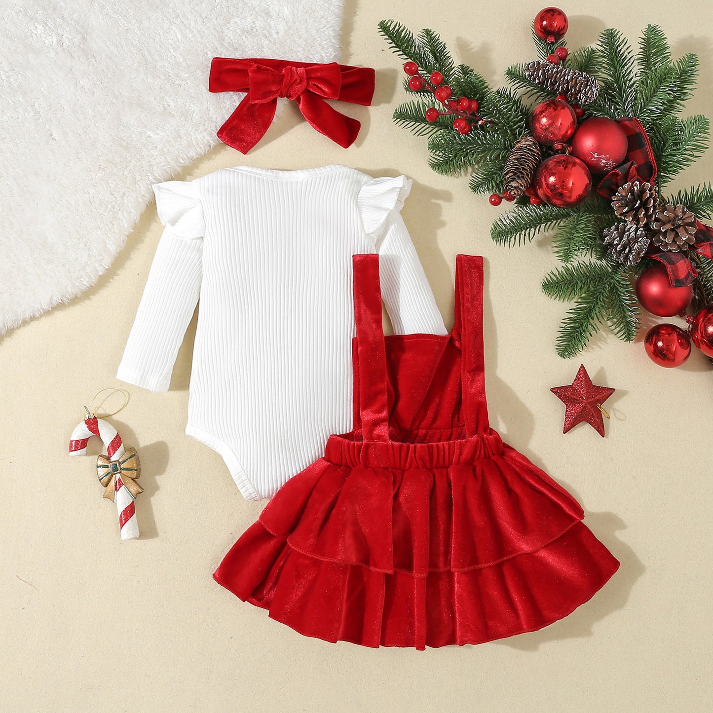 Christmas Infant Toddler Sunken Stripe Jumpsuit Solid Color Children's Suit