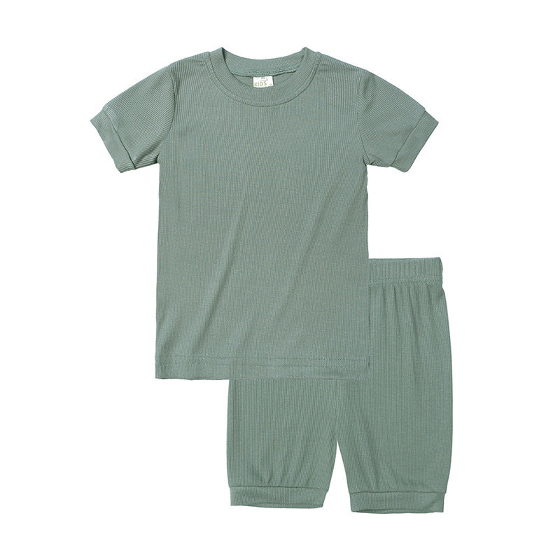 Children's Sunken Stripe Thin Candy Home Wear Short Sleeve Shorts Two-piece Children's Suit