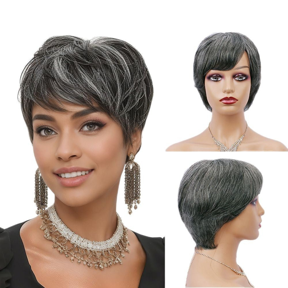 Human Dark Gray Light Grandma Black Real Hair Wig