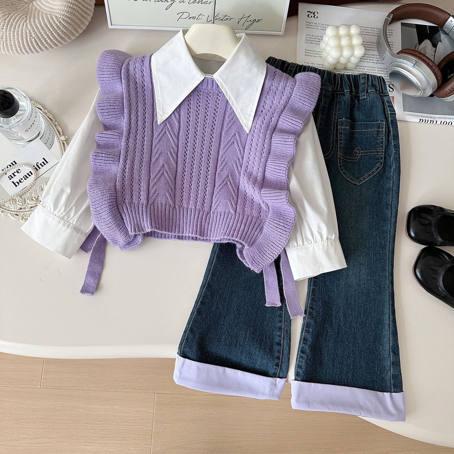 Autumn Korean Style Wool Vest Shirt Children's Suit