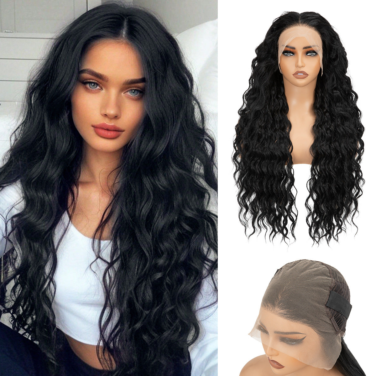 Women's Forehead Lace Curly Artificial Human Hair Black Big Wig Long Curls