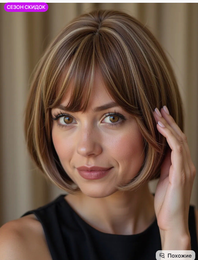Women's Fashion Gray White Mixed Color Short Curly Hair Side Bangs Long Straight Wig