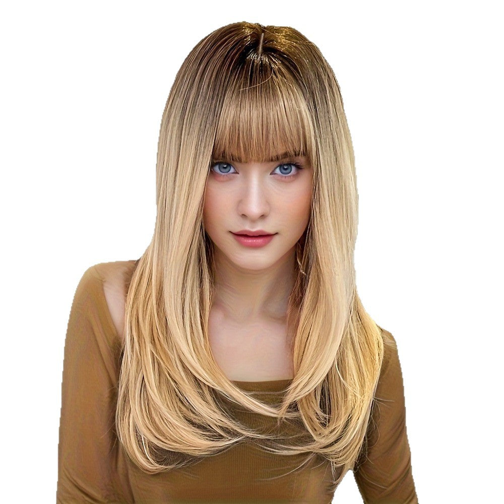 Gradient Golden Fluffy Bangs Chemical Fiber Mechanism Head Wig Long Curls