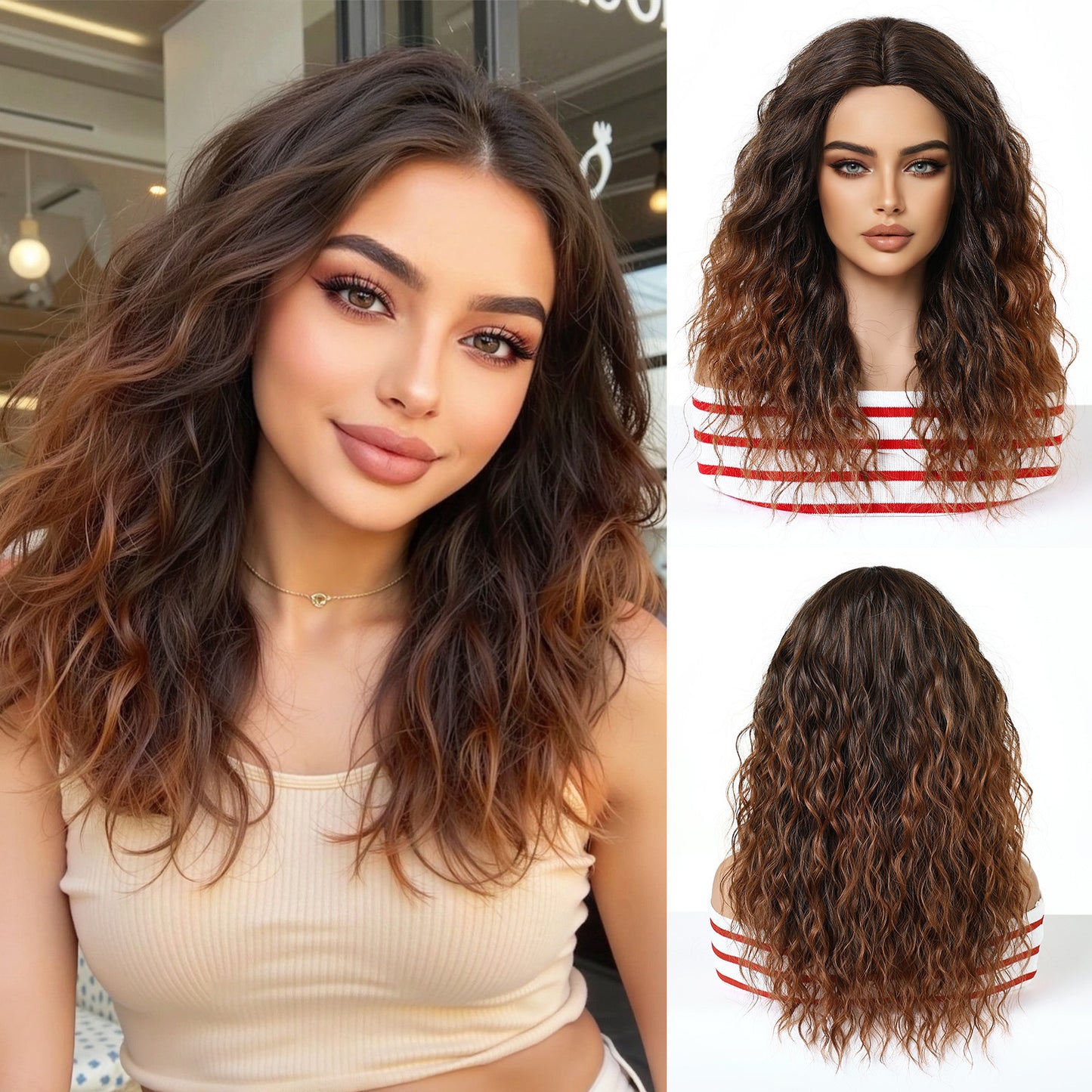 Women's White Gold Color Air Bangs Small Wig Long Curls