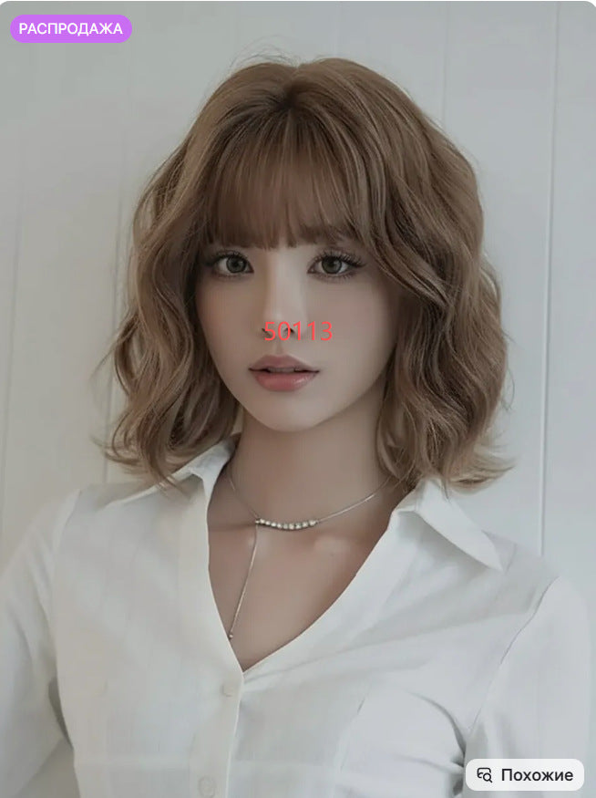 Women's Fashion Gray White Mixed Color Short Curly Hair Side Bangs Long Straight Wig