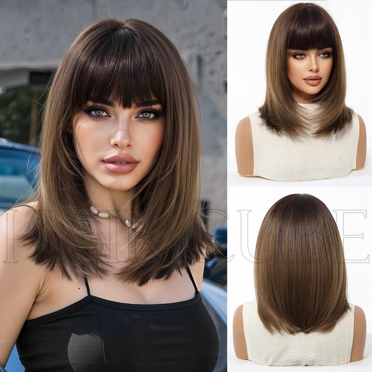 Female Fiber Chemical Hair Bangs Brown Medium Long Straight Wig