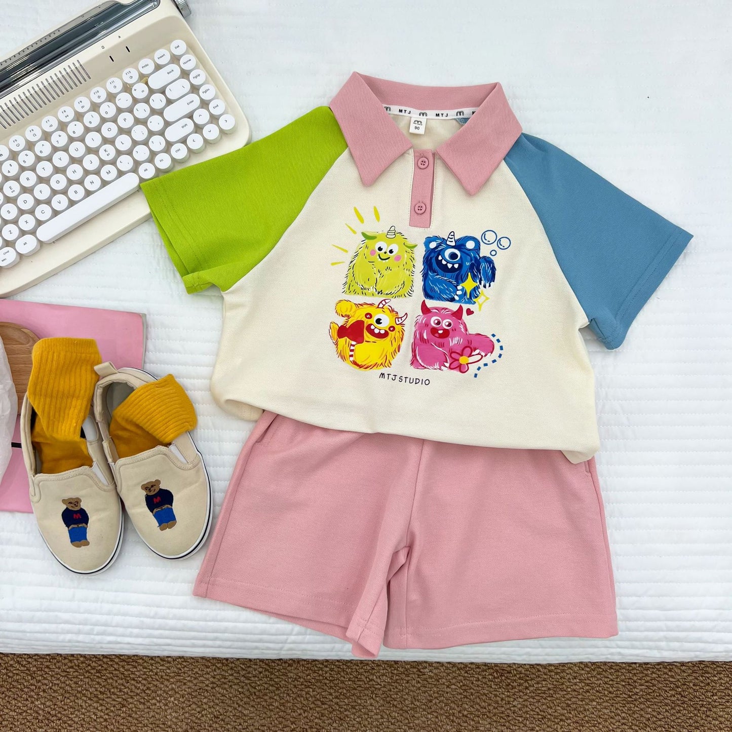 Children's Cartoon Color Matching Sleeve Shirt Short Shorts Children's Suit