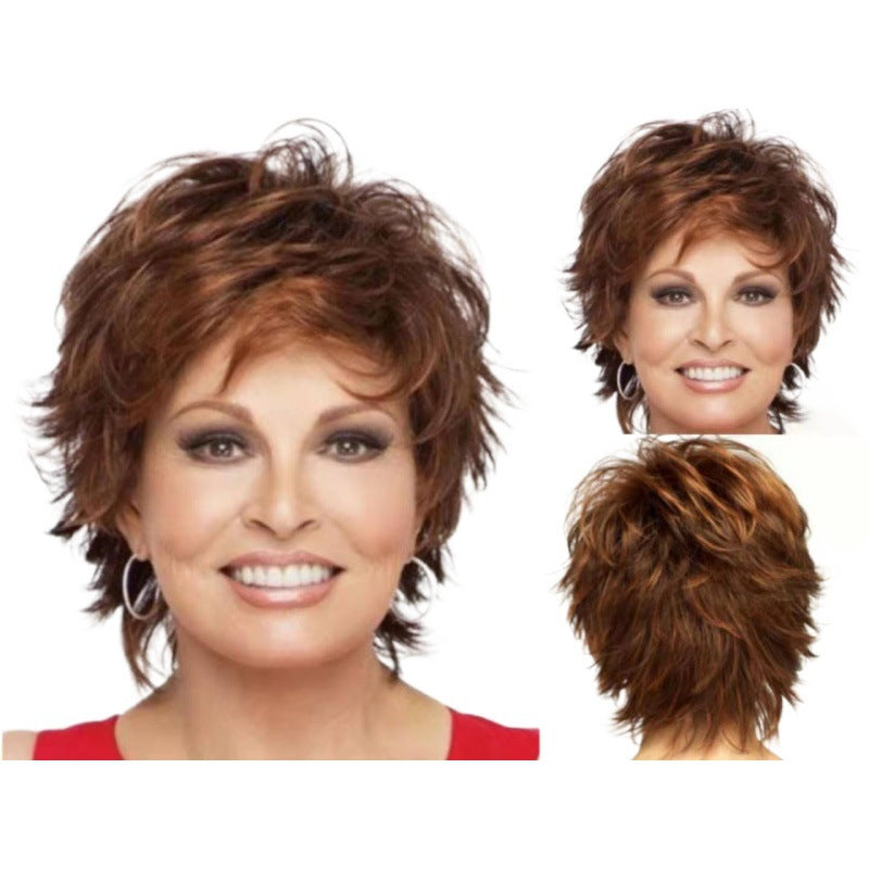Women's Straight Fluffy Bangs Brown Red Outside One Wig Short Curly Hair